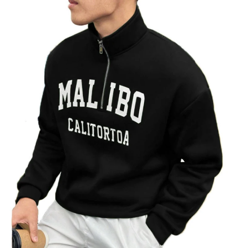 

New Men's Retro Trend Half Zippered Sweater New Loose Casual Lazy Style Standing Collar Tops