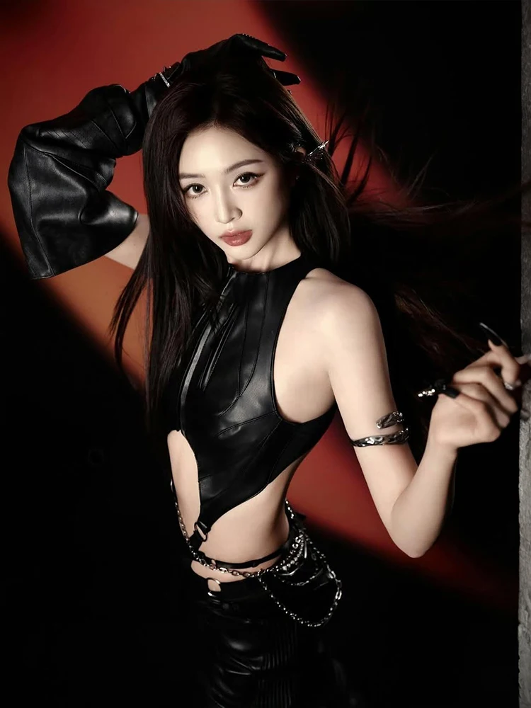 Nibber Zipper Sexy Bodysuit Women Faux Leather Patchwork Hollow Sleeveless o-Neck Waistless Midnight Music Festival Outfits