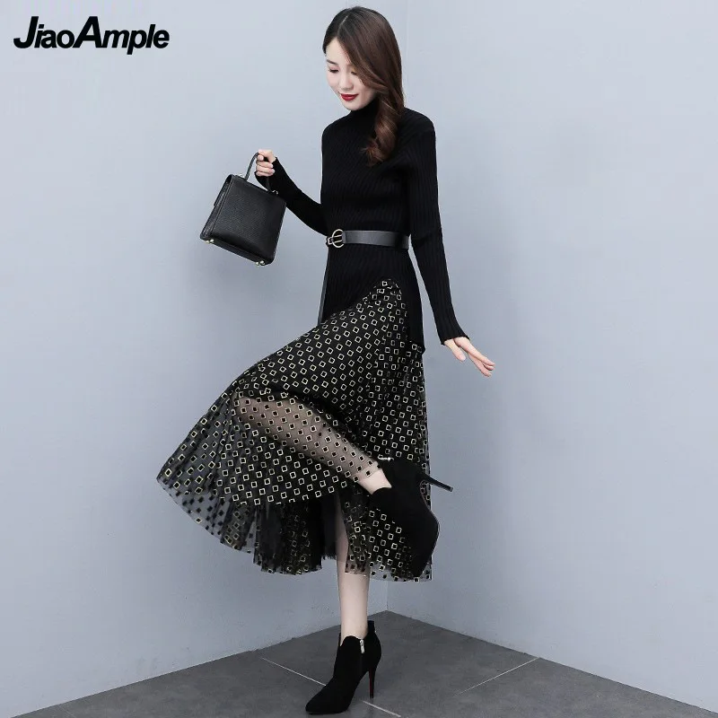 Women's Elegant Black Sweater Blouse Mesh Dress Two-piece Set 2022 Autumn Winter New Irregular Slim Pullover Top Midi Skirt Suit blouses merry christmas reindeer mesh v neck blouse in white size l m xl