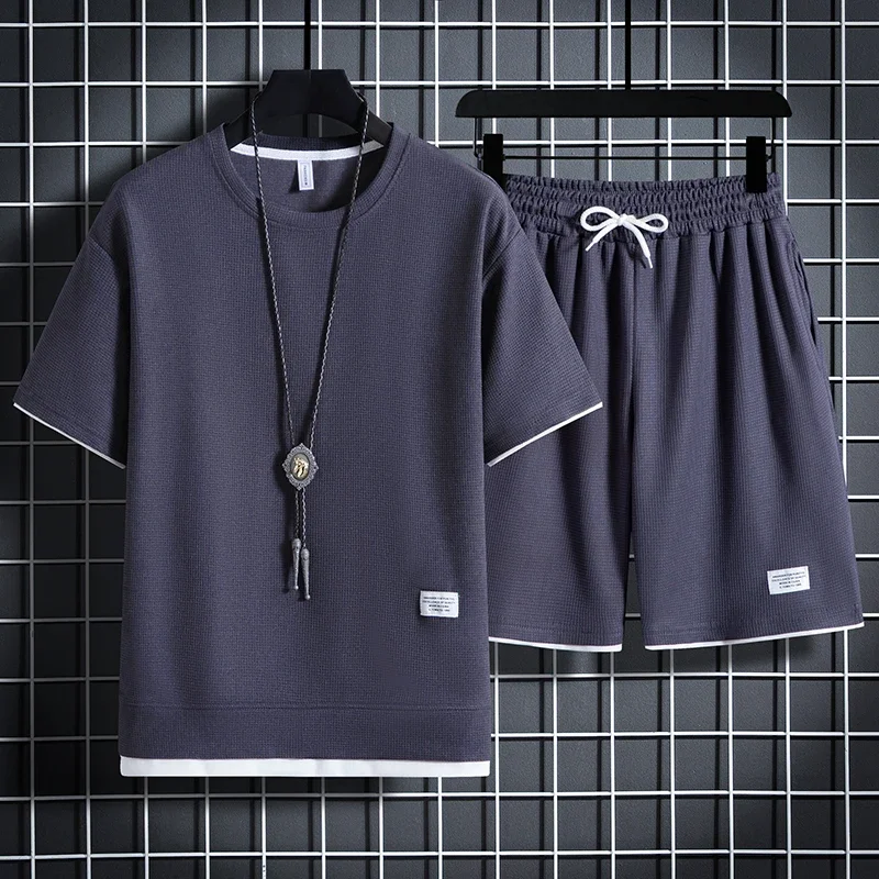 2024 Men's Waffle Summer Casual Short Sleeve T-shirt + Shorts Suit Men's Sportswear Solid color sports jogging loose suit
