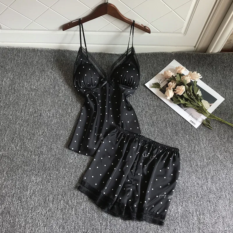 QWEEK Pajamas For Woman Pyjamas Summer Sexy Nightwear Two Piece Satin Set Suit Artificial Silk Home Lace Chest Pad