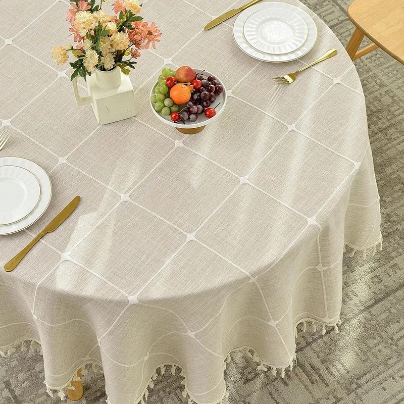 Round Tassel Plaid Tablecloths Heavy Weight Cotton Linen Fabric Dust-Proof Table Cover Kitchen Dining Party Tabletop Decorations 5