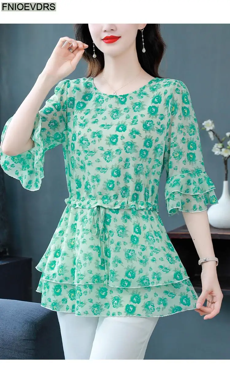 S-4XL Loose Clothes 2023 Women Summer Short Sleeve Elegant Ruffles Shirts Casual Chiffon Floral Tunic Peplum Tops And Blouses