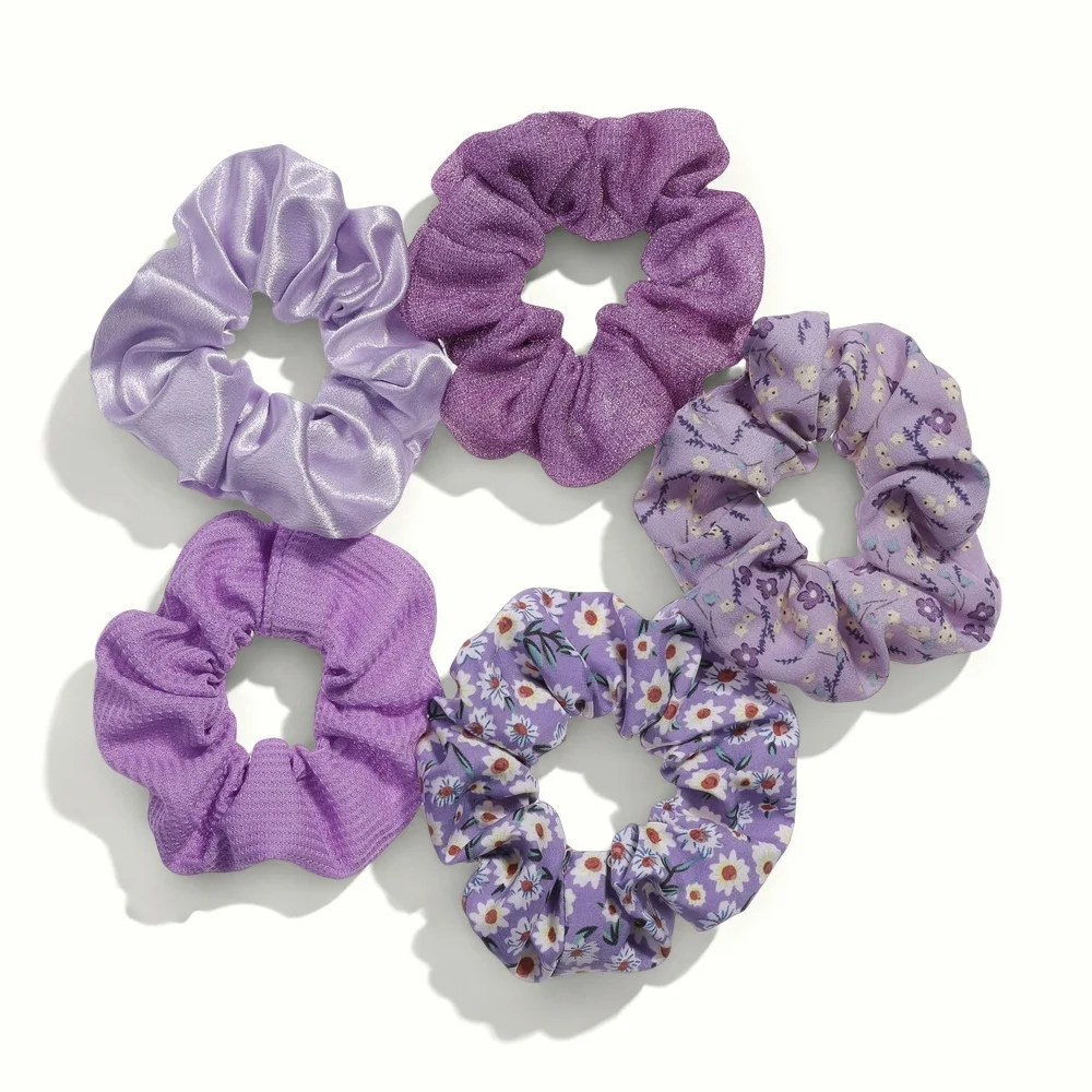 Floral & Leopard Print Hair Scrunchies Set - Pack of 5, No-Crease Elastic Ponytail Holders in Pink & Purple