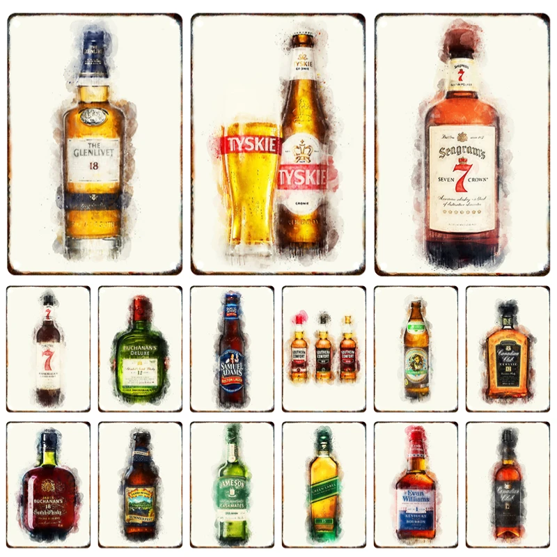 

Vintage Whiskey Beer Metal Logo Plaque Alcohol Poster Tin Painter Residence Restaurant Bar Club Wall Art Decor Mural Aesthetics