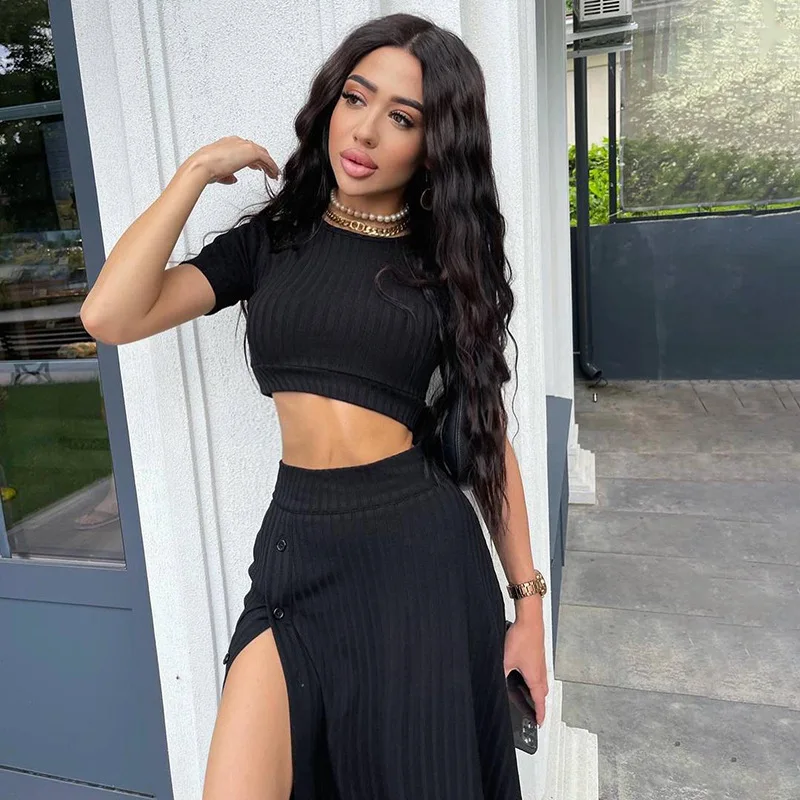 BoozRey Summer Solid Bodycon Short-sleeved Umbilical Side Slit Robe Skirt Set Women Elegant Streetwear Causal Maxi Dress Suit elegant women s dress set 2023 new fashion hot selling casual overlap open umbilical top hooded sweatshirt and pocket skirt