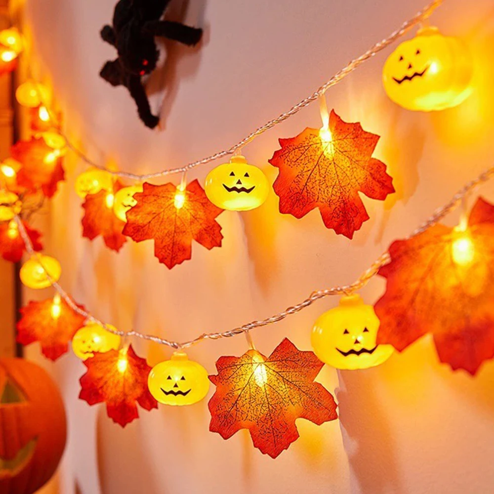 Halloween-Kürbis-Lichterkette mit Ahornblättern, Künstliche Herbstblätter LED-Lichterkette, Herbstdekoration für Zuhause, Party, Erntedankfest