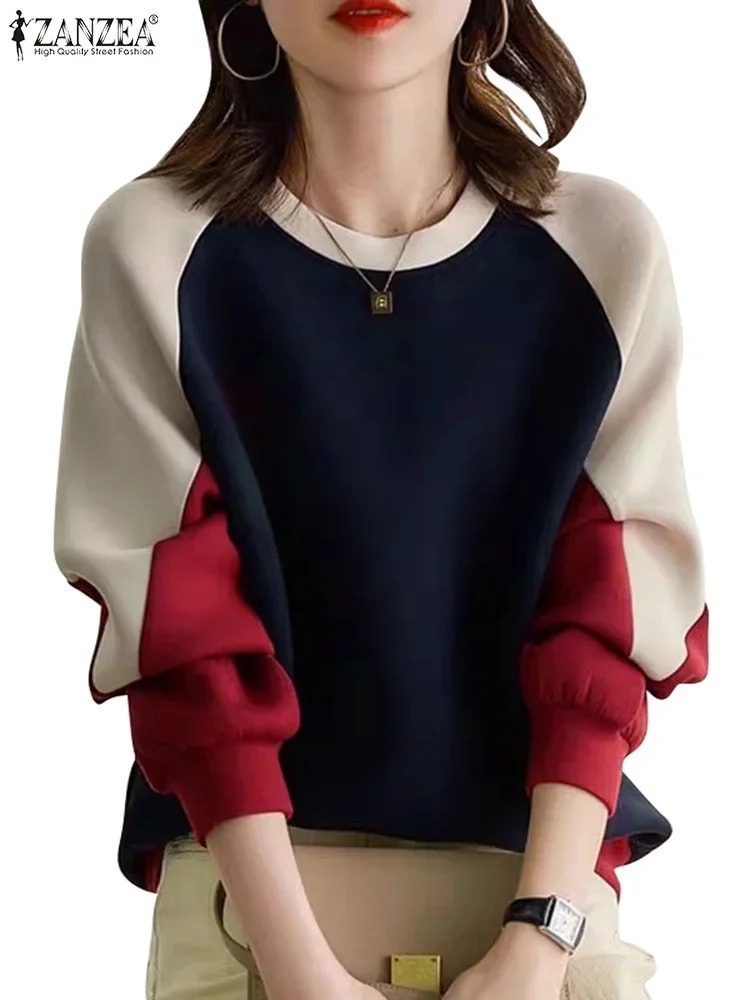 2024 ZANZEA Fashion Women Sweatshirt Autumn Long Sleeve Sweater Casual O Neck Patchwork Hoodies Tops Loose Pullover Streetwear 4
