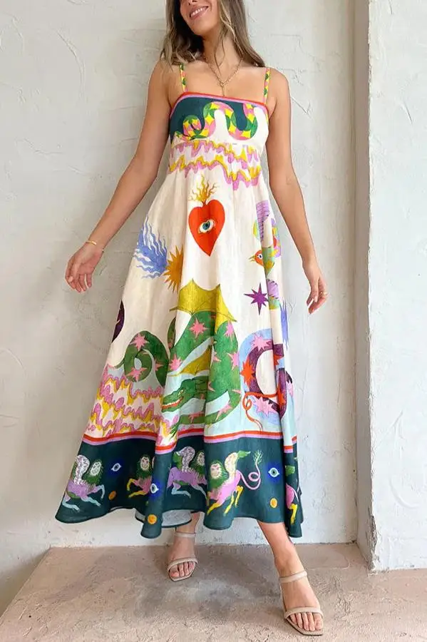 

Женское свободное платье с высокой талией, длинное пляжное платье-трапеция со складками и принтом, весна-лето 2023