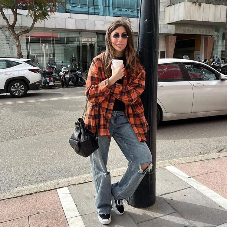 Casual Vintage For Women Shirts Outwear Lapel Fashion Loose Patchwork Streetwear Long Sleeve Striped Female Cardigan Coat