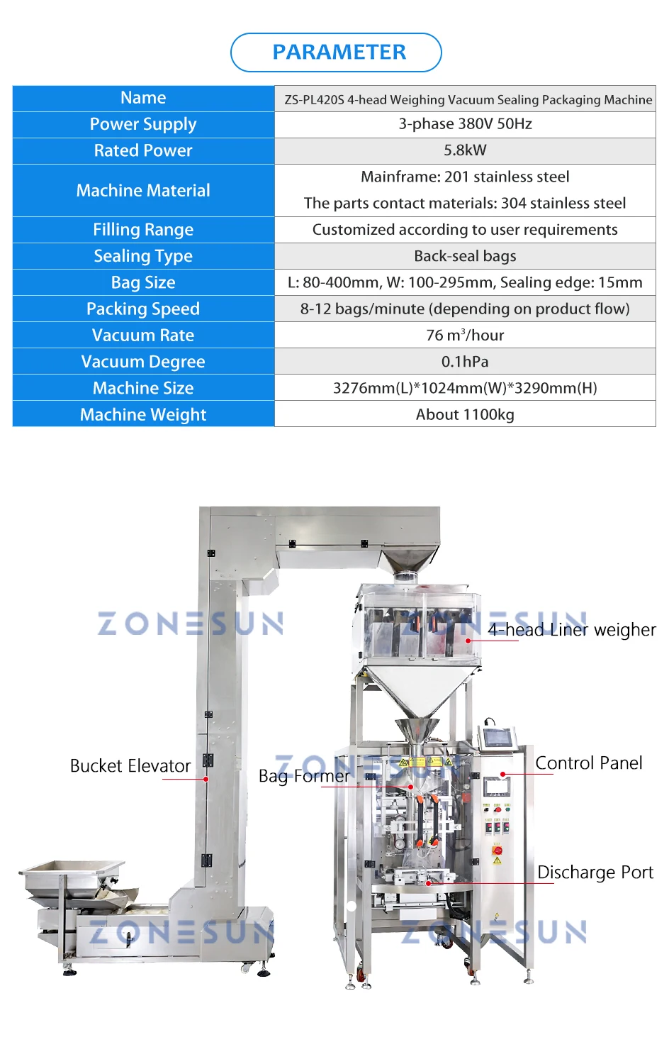 ZONESUN ZS-PL420S Автоматическая вакуумная машина для наполнения гранул, взвешивающая упаковочная машина 