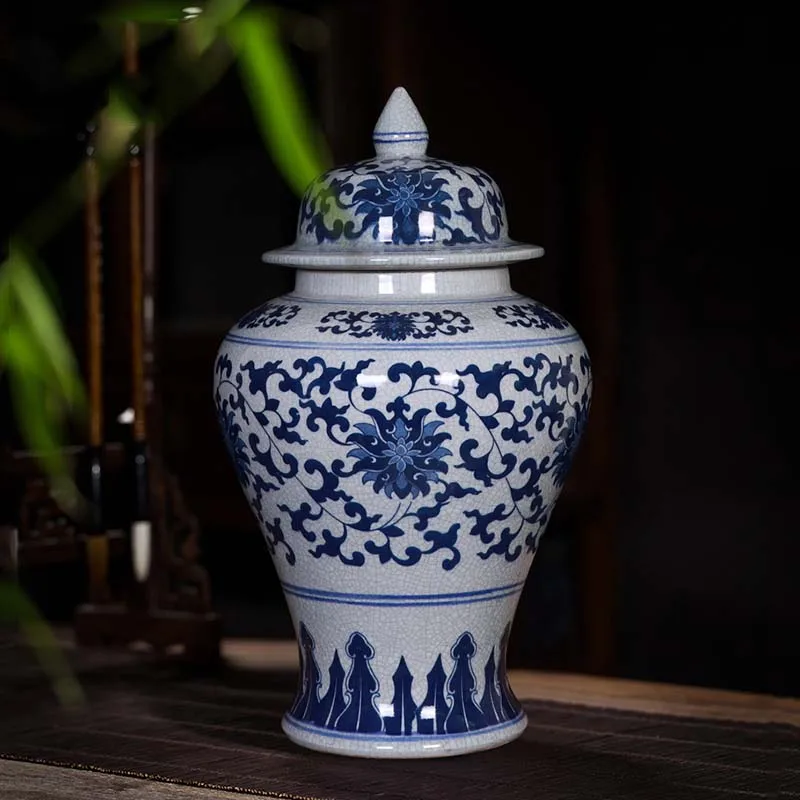 

Porcelain Temple Jar with Lid Ceramics Ginger Jar Grey Blue Chinese Crackle Glaze Vase Jar Chinese Living Room Hallway Art Decor
