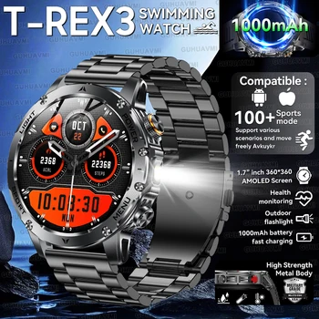 2025 Militare T-Rex3 1000mAh Batteria SmartWatch 5ATM Torcia LED Impermeabile HD AMOLED Schermo Uomini Sport Smartwatch Per Xiaomi