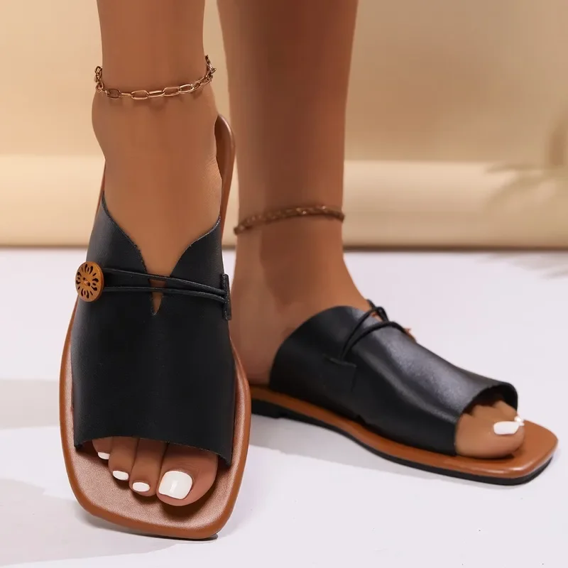 Plus Size Shoes Female Open Toe Women's Slippers Casual Slippers Women Square Toe Buttons Flat with Outdoor Women's Sandals