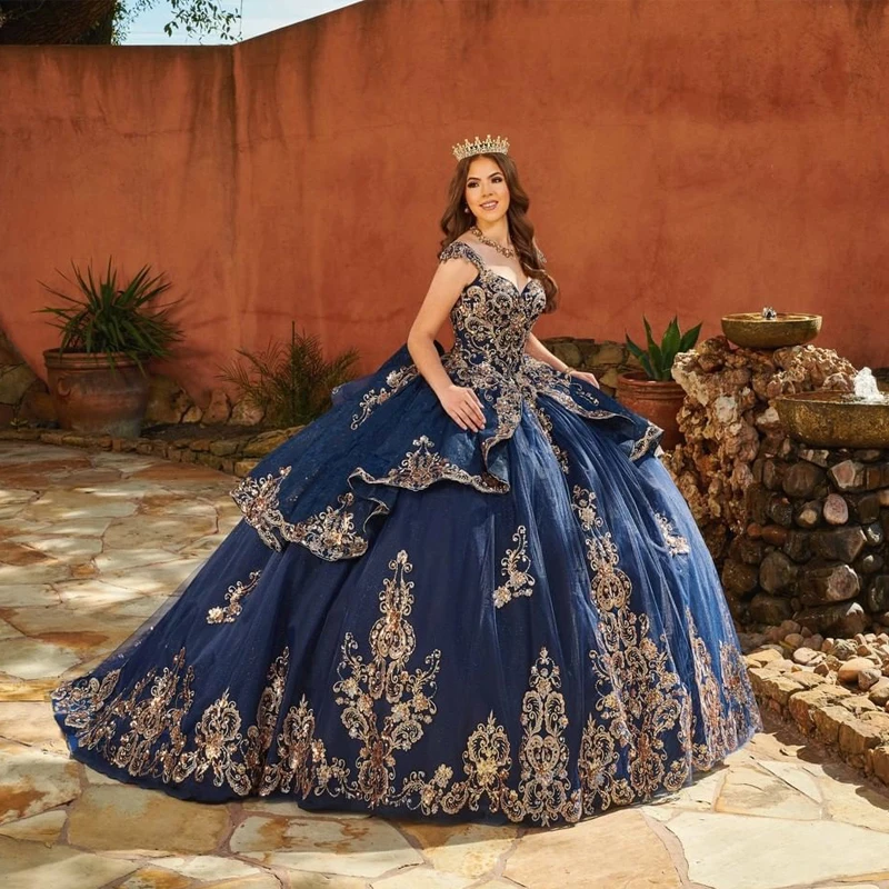EVLAST Quinceanera Dress Cap Sleeve Flower Applique Gold Lace Crystal Formal Princess Gown Vestido De 15 A&ntilde;os TQD021