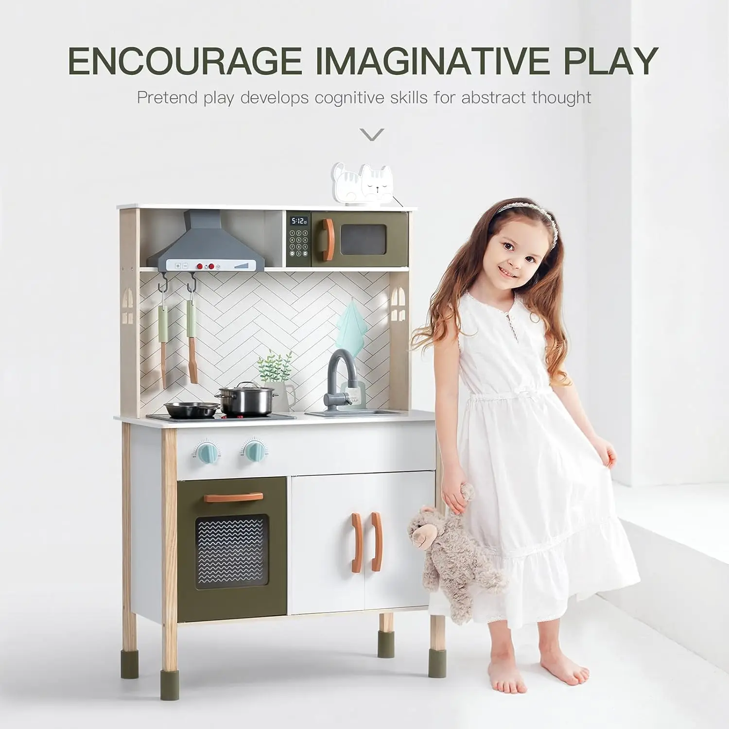 Robotime Robud Kitchen Playset Realistic Pretend Play Kitchen Montessori Wooden Play Toy Set for Kids Girls Boys