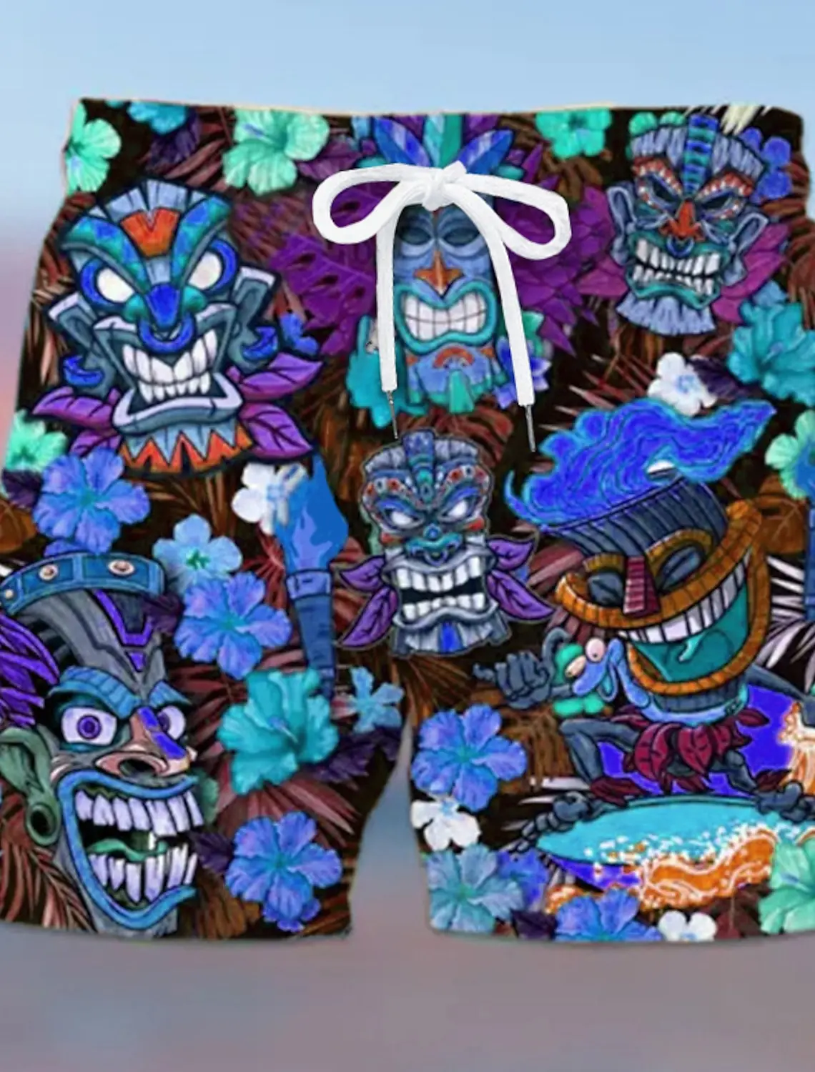 Pantalones cortos de tabla para hombre con estampados 3D de gráficos Tiki, pantalones cortos con cordón, pantalones cortos de secado rápido, pantalones cortos casuales de uso diario hawaianos bohemios
