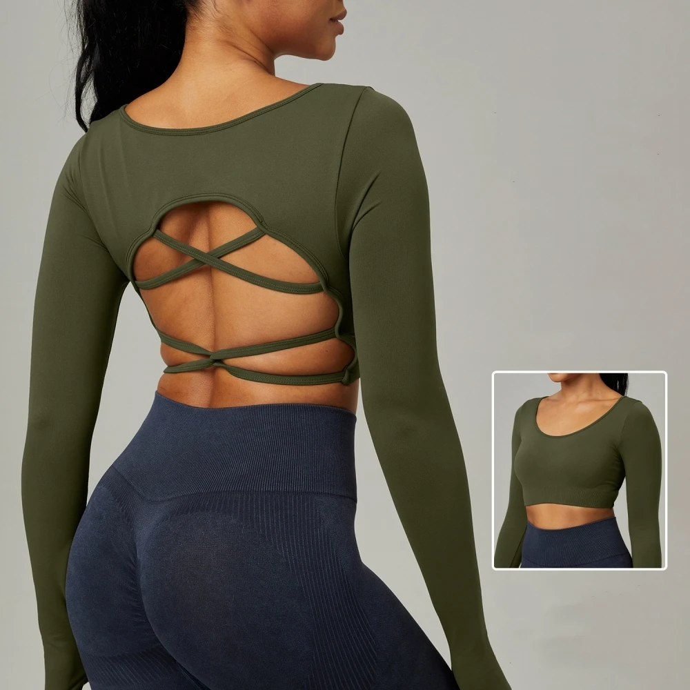 Sexy Back Cross Hollow Yoga Top Women's Backless Shirt Thumbhole Running Fitness Tee Quick Dry Breathable
