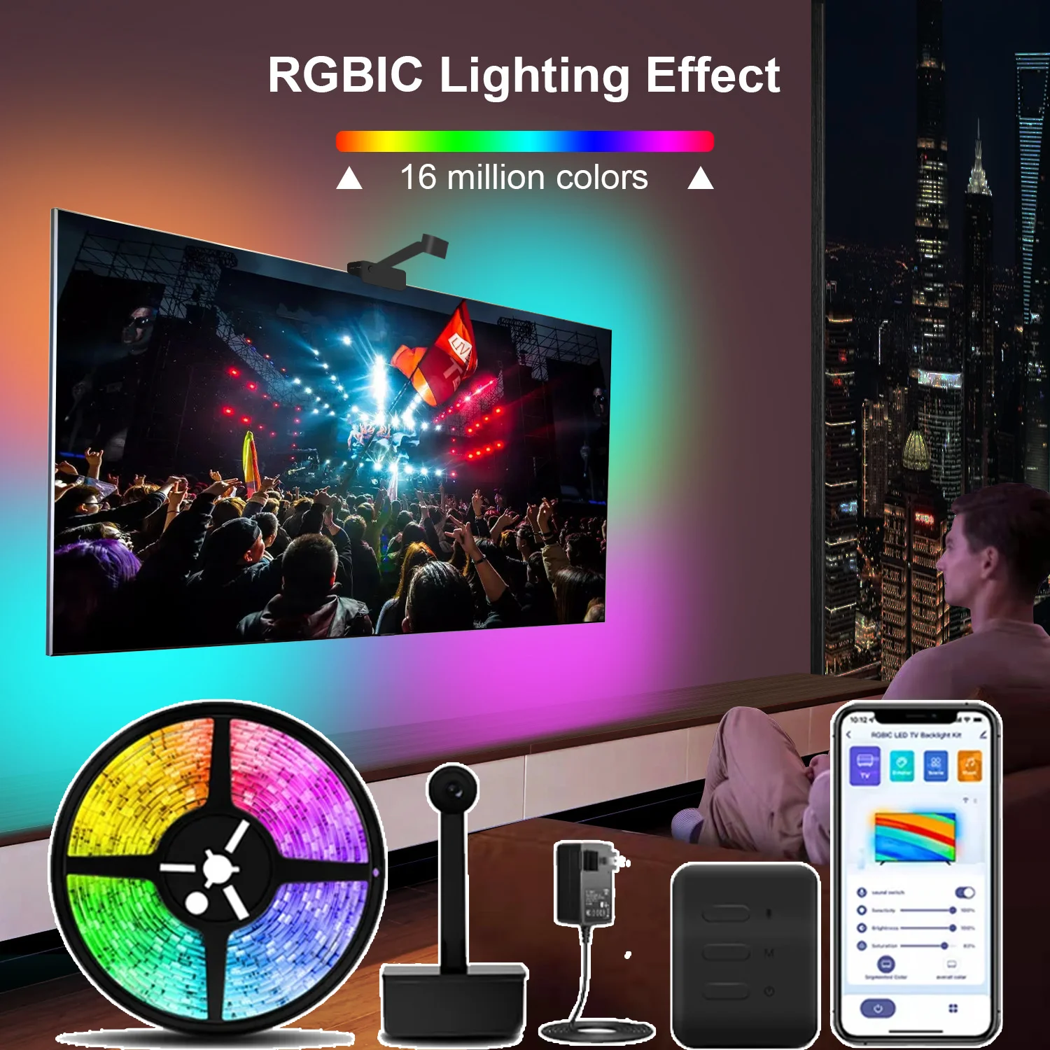 몰입형 TV PC 배경 조명 스트립, RGBIC LED 스트립, HDTV 컴퓨터 모니터 화면, 컬러 싱크, 스마트 앱 제어, 앰비언트 램프
