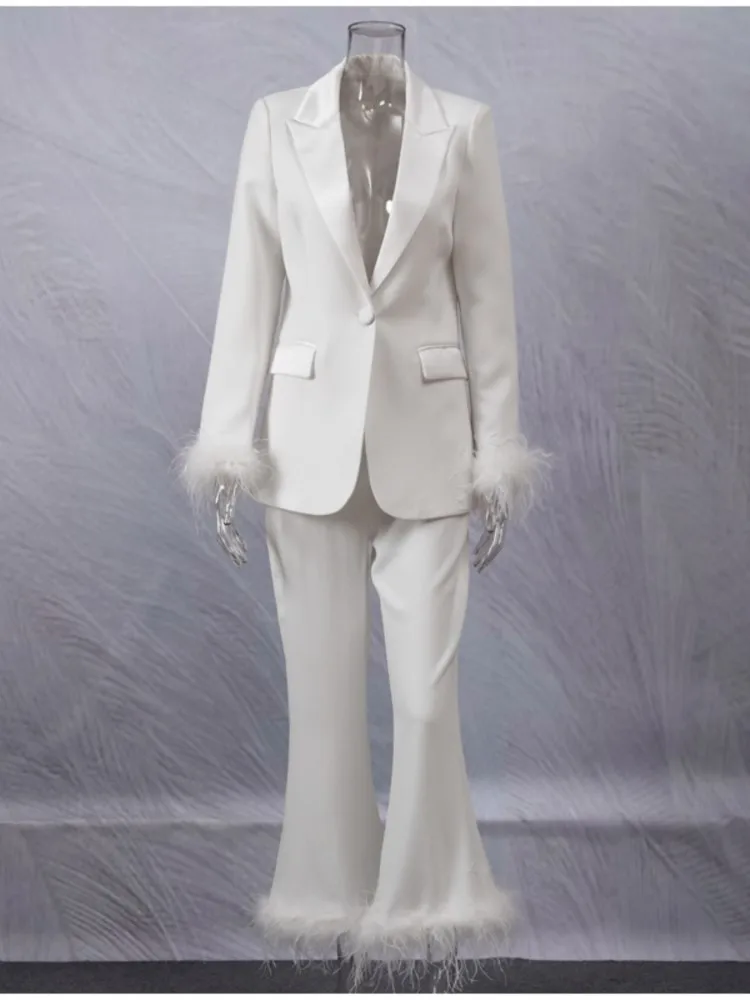 Women's Party Dress Suit 2 Piece White Formal Feather Trim Blazer Pant Suit  Lady Slim Fit