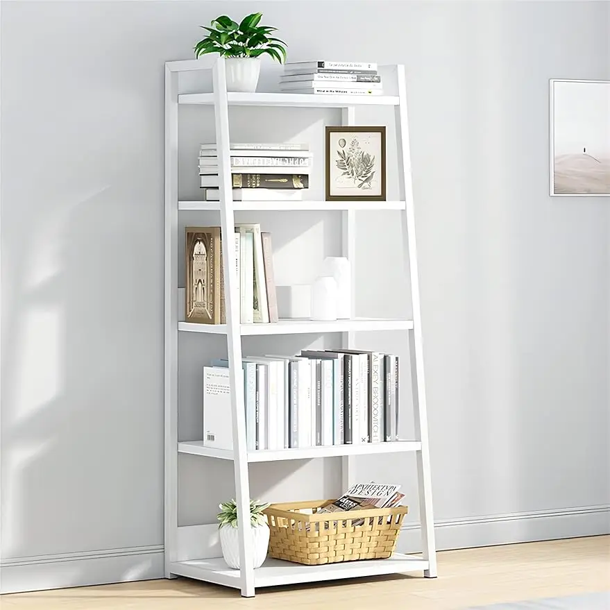 

IOTXY 5 Tier Open Bookshelf - Steel and Wood Display Stand, 50CM Width Floor-Standing Bookcase White