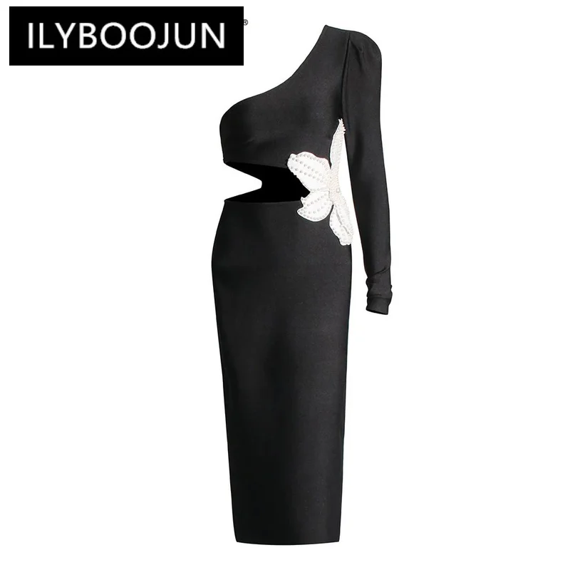 

ILYBOOJUN Solid Patchwork Pearls Appliques Slimming Dresses For Women Diagonal Collar One Shoulder High Waist Dress Female