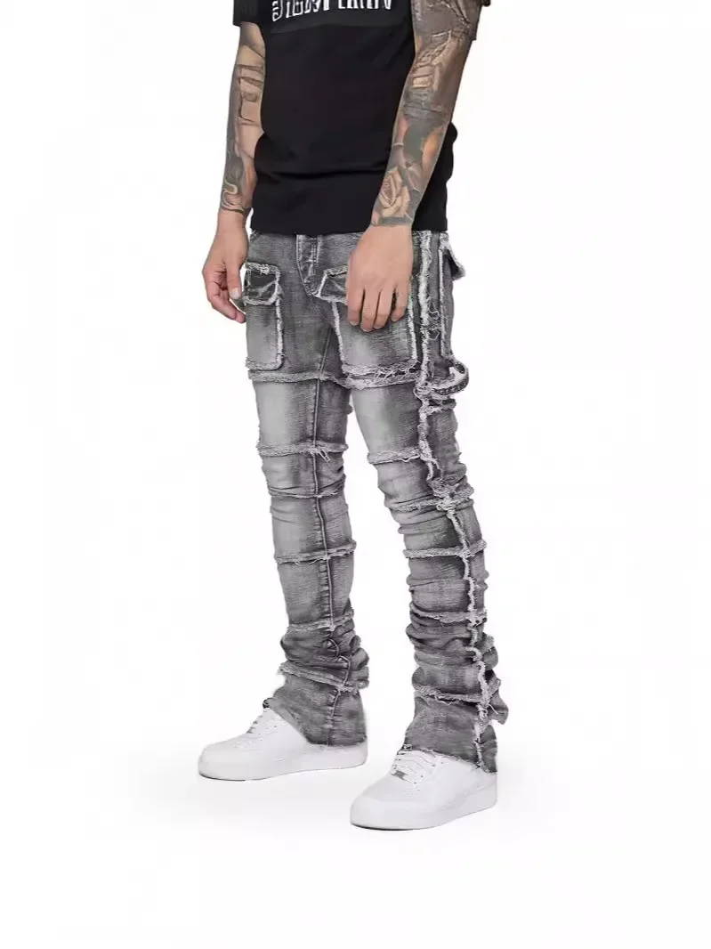 New Stretchy Jeans Men Ripped Washed Y2k Pants Retro Cargo Straight Leg Male's Patched Denim Trousers