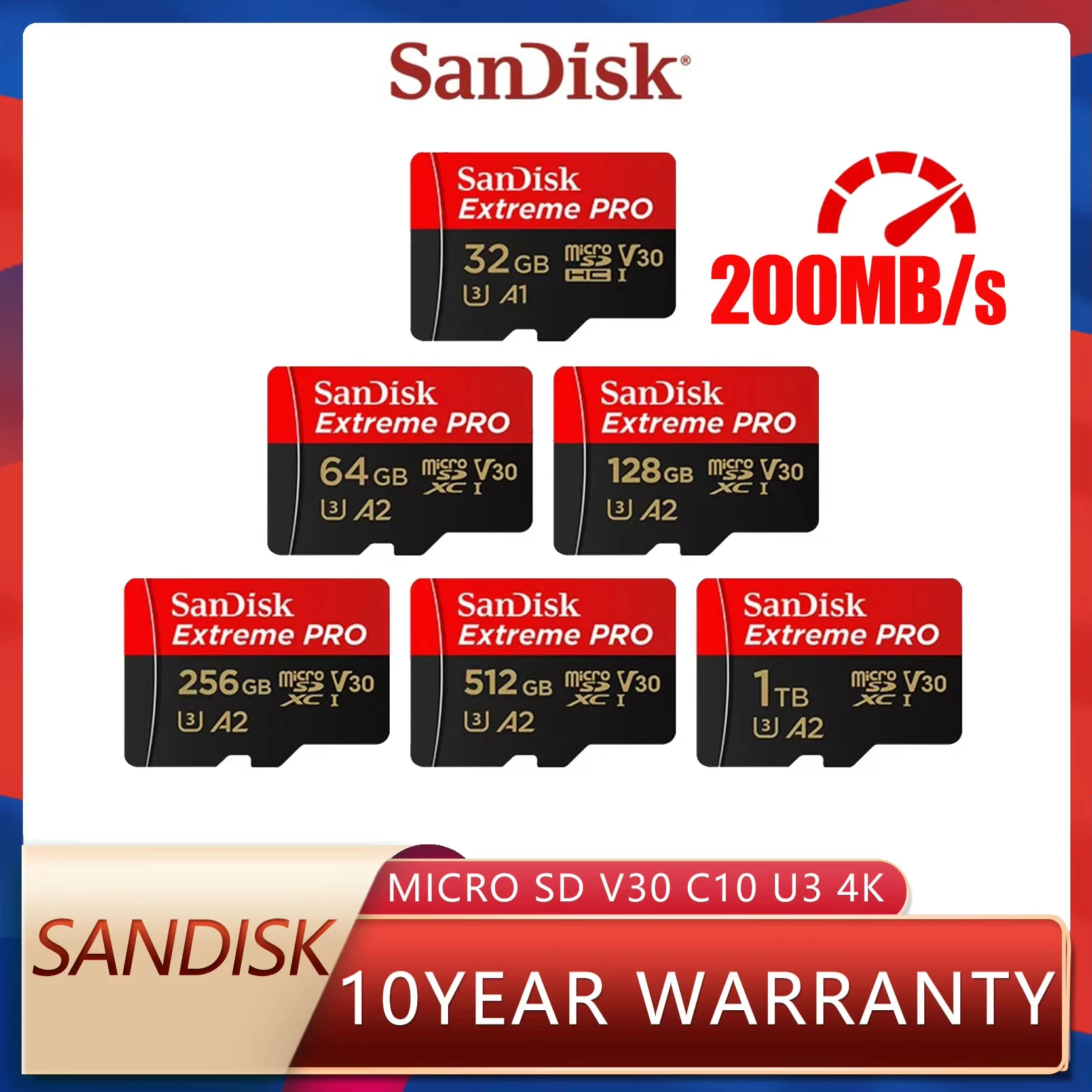 샌디스크 고속 TF 메모리 카드, A2 U3 V30 C10 100MB/s 휴대용 마이크로 SD 카드, 32GB512GB 용량
