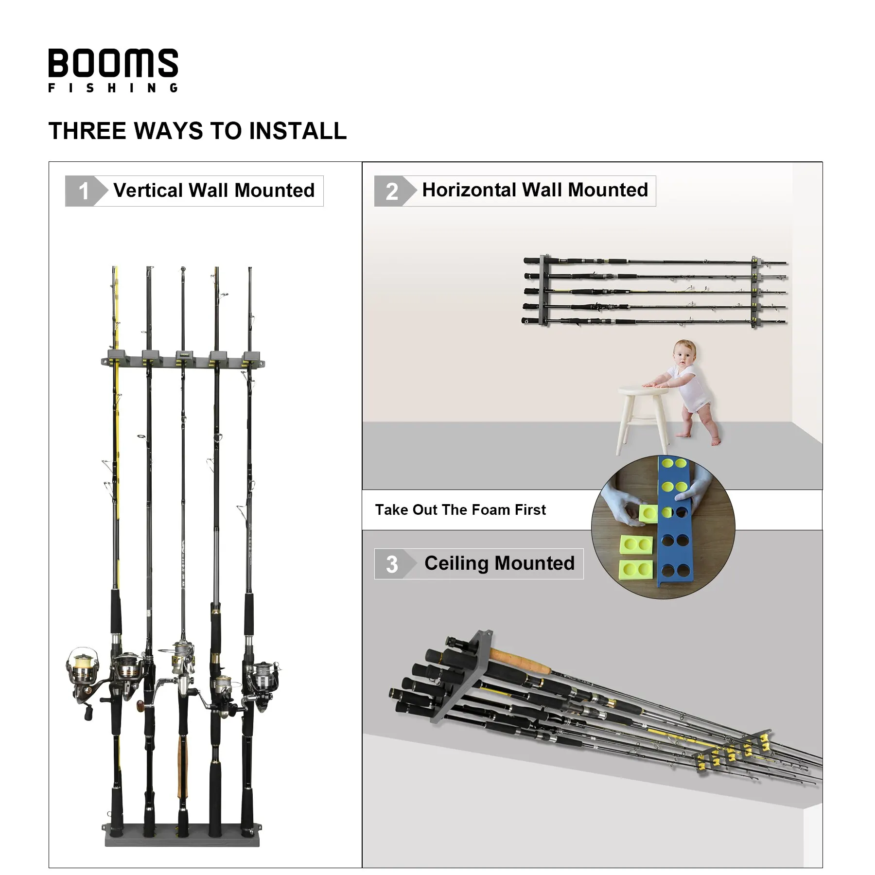 Booms Fishing WV4 Rod Holder Up to 10 Rods Vertical and Horizontal on Wall  Protect Storage Pole Rack Fishing Tools Accessories