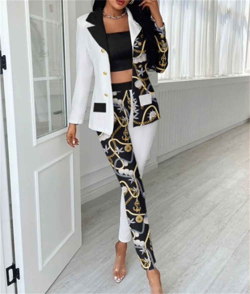 Women's Blazersuit Sets 2023 New in Casual Print Blazers Jacket Pants Set 2 Piece Office work Female Ladies Formal Pant Sets