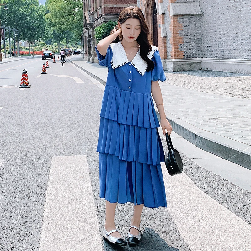 

Fashion Elegant Korean Style Spliced Pleated Dress for Women 2023 Summer Short Sleeve Sweet Loose Casual Long Cake Dresses 3195