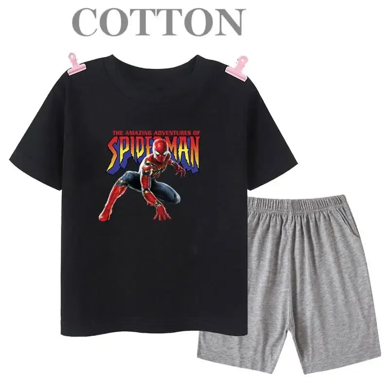 thumbnail image 1 of Conjunto de camiseta y pantalones cortos de algodón para niños de Marvel Spider Man de verano, ropa de dibujos animados para niños, conjunto de dos piezas de manga corta, conjunto para niñas y niños, 1 of 5