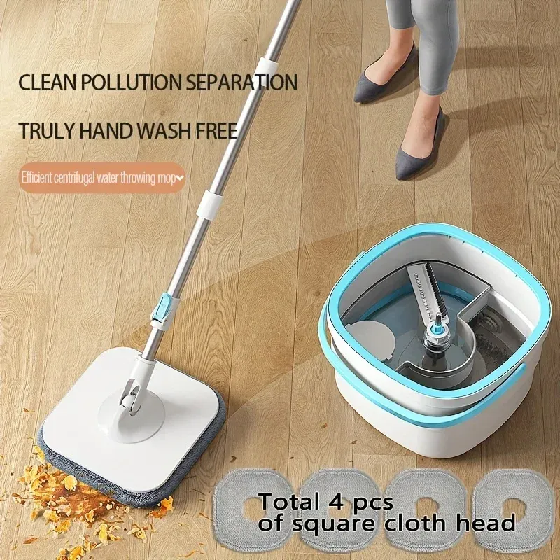Square Spin Mop Bucket Set with 4 Mop Heads Clean Dirty Separation Function Easy Dehydration for Efficient Home Cleaning