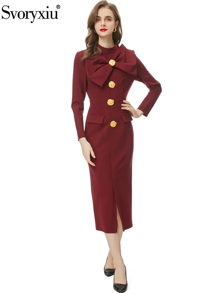 

Женское винтажное платье-карандаш Svoryxiu, Бордовое платье с воротником-стойкой, бантом-бабочкой и завышенной талией, закрывающее ягодицы, на осень