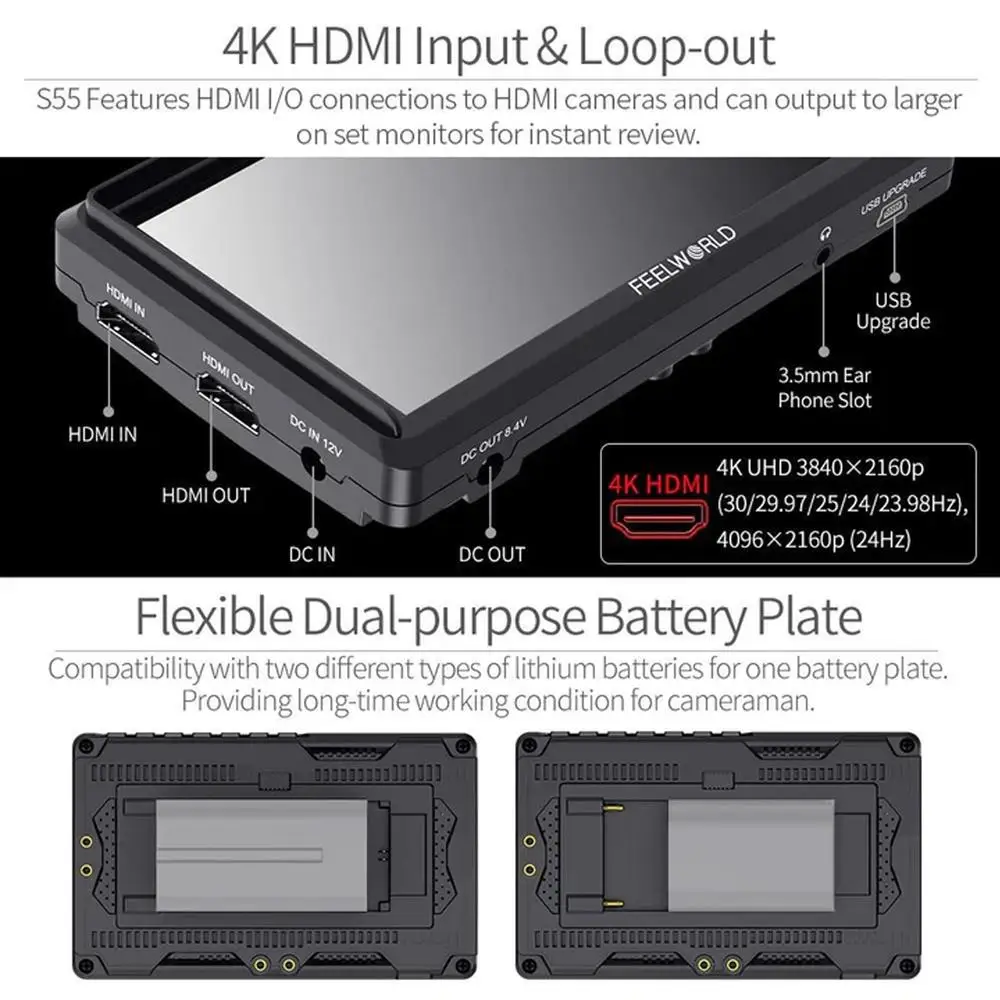 S55 5.5 Inch DSLR Camera Field Monitor Focus Assist Small HD 1280x720 IPS with 8