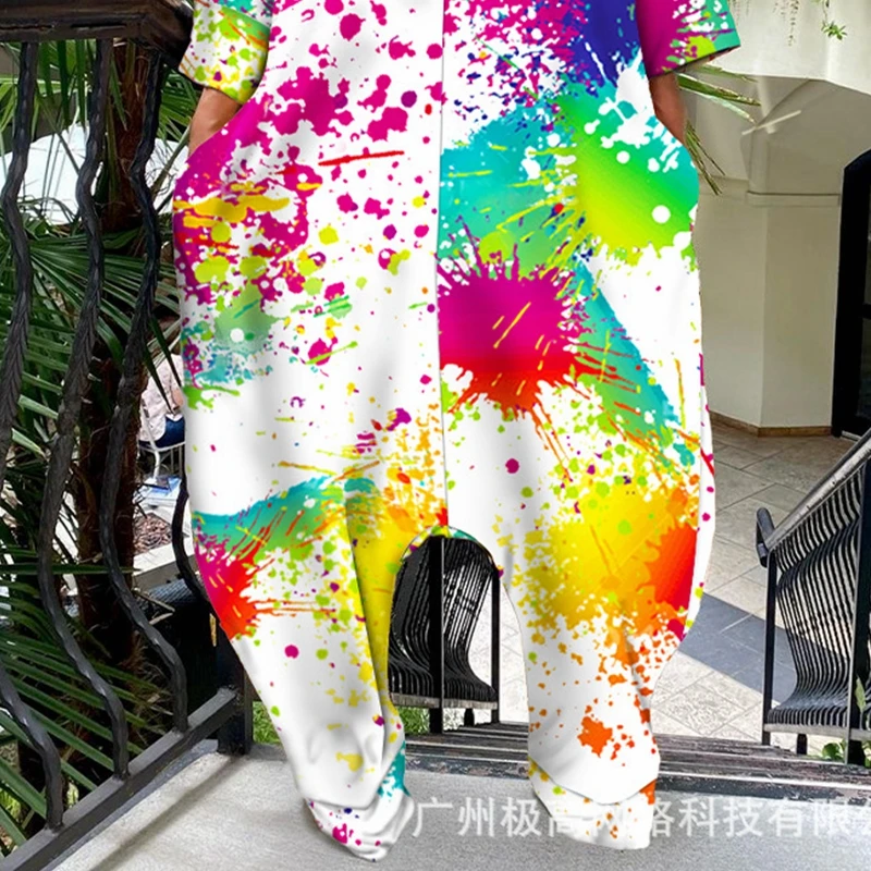 Women Jumpsuits Graffiti Print Loose Cross-Pants Jumpsuits Women Long Sleeve Single Breasted Turn-down Collar Straight Jumpsuits