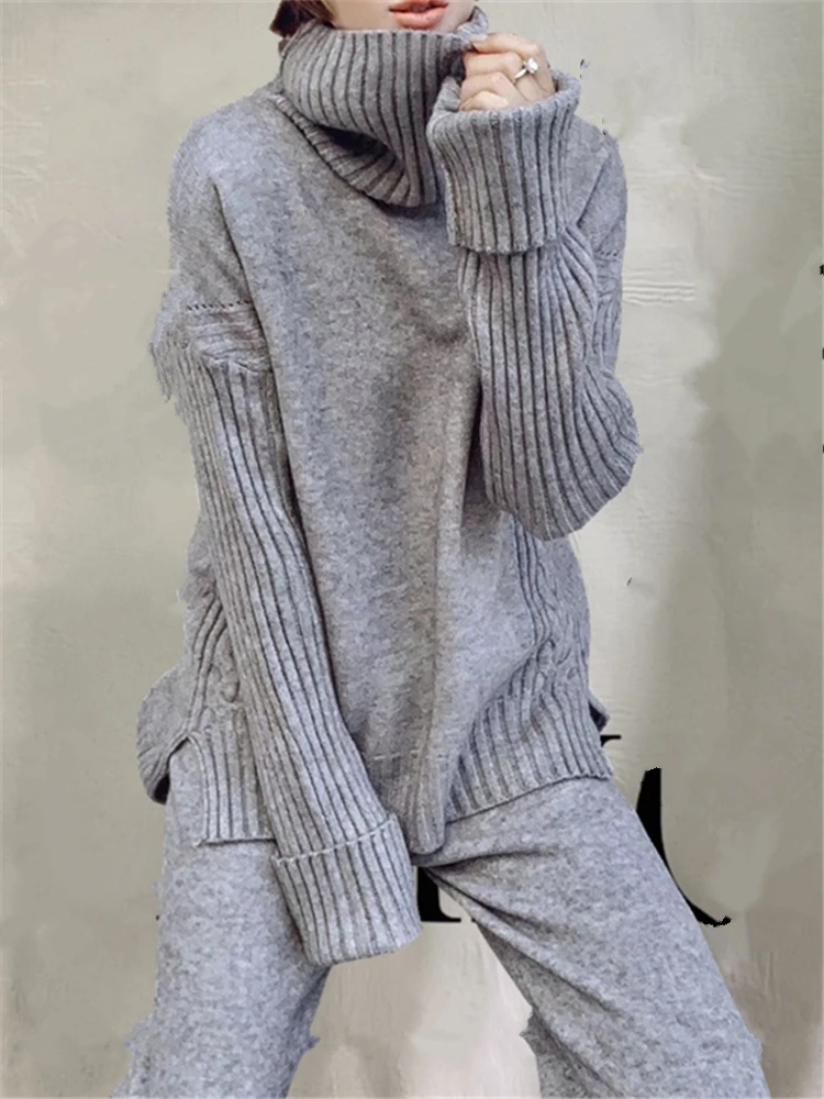 Autumn Winter 2 Pieces Women Sets Knitted Tracksuit 2023 New Turtleneck Sweater and Wide Leg Jogging Pant Pullover Suits 5