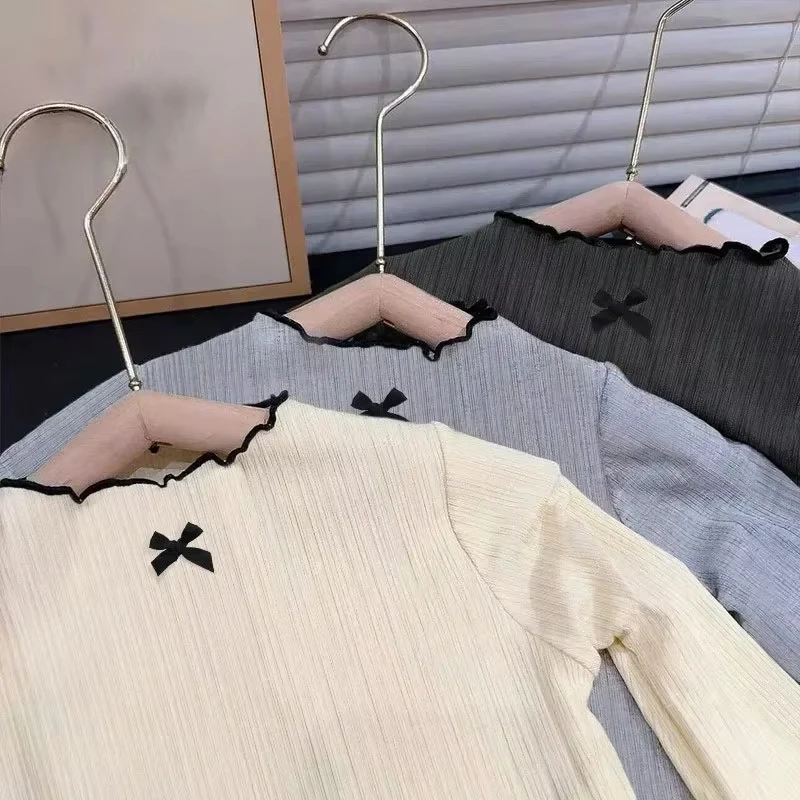 6M-8Y Girls Long Sleeved T-shirt Children Ruffled Edge Bow Knitted Tops 2025 Autumn Versatile Base Shirt for Baby Girls