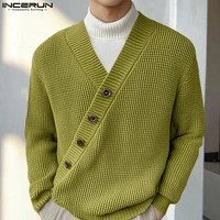 Handsome Well Fitting Tops INCERUN Men Texture Diagonal Sweater Casual Fashion Male Solid V-neck Long Sleeved Sweater S-5XL 2024