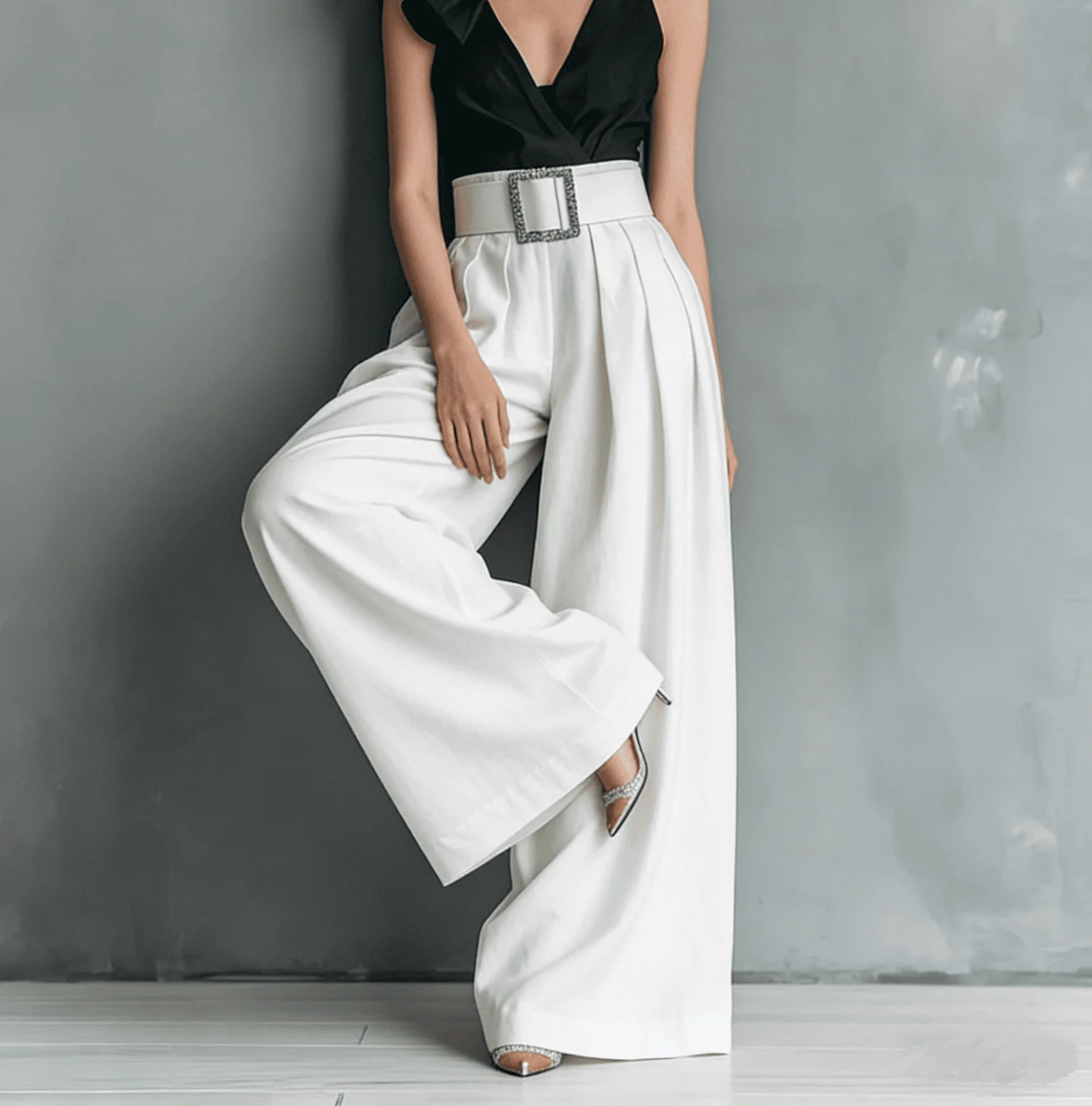 Damen High-Waist Weite Hosen mit Quadratischem Schnallenverschluss, Plissierte Lose Lange Hosen für Büro, Abend und Party – Detail 15