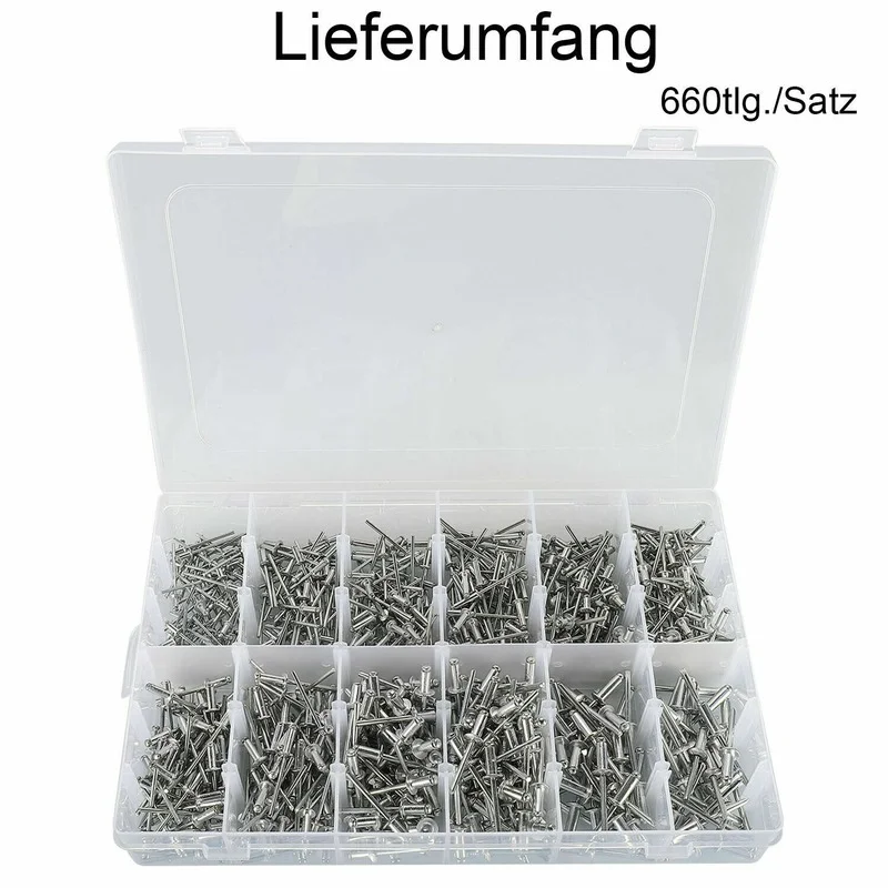 

660pcs Dome Head Blind Rivet Tool 3.2/4/4.8mm Assorted Aluminum Alloy Mandrel Exhaust Rivets Appliances With Box