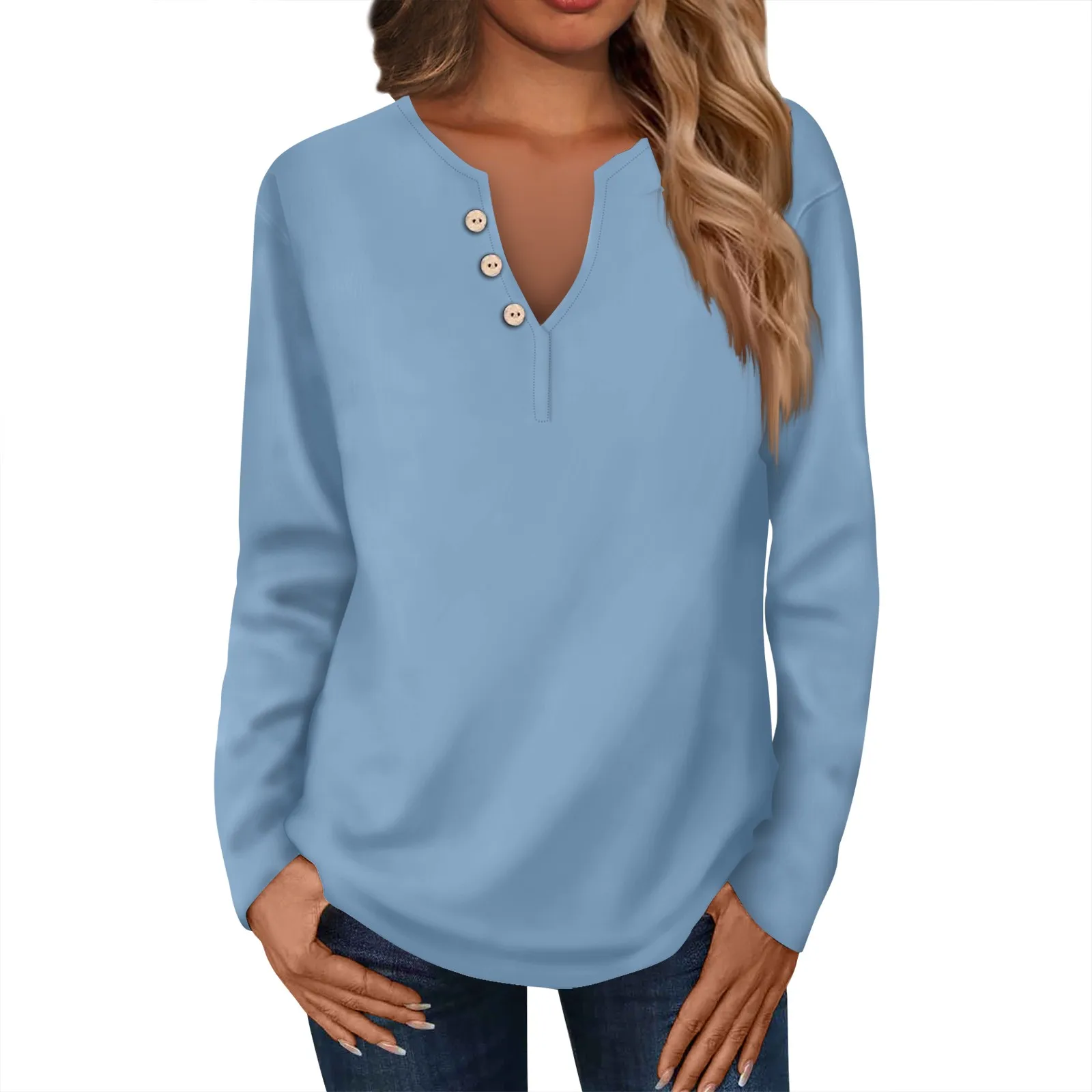 

Женская Однотонная футболка, Модный повседневный Свободный пуловер с V-образным вырезом и длинным рукавом, топы, декоративные повседневные универсальные топы на пуговицах
