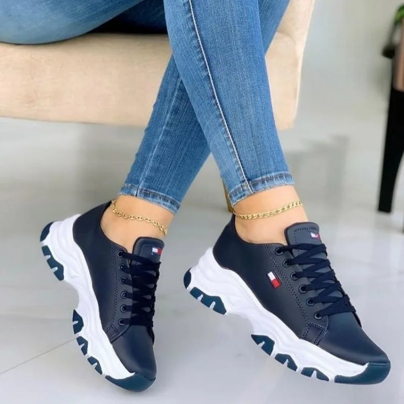 2024 Spring New Women's Casual Sports Shoes Fashionable Lace-up Thick-soled Sports Shoes Outdoor Casual Vulcanized Shoes