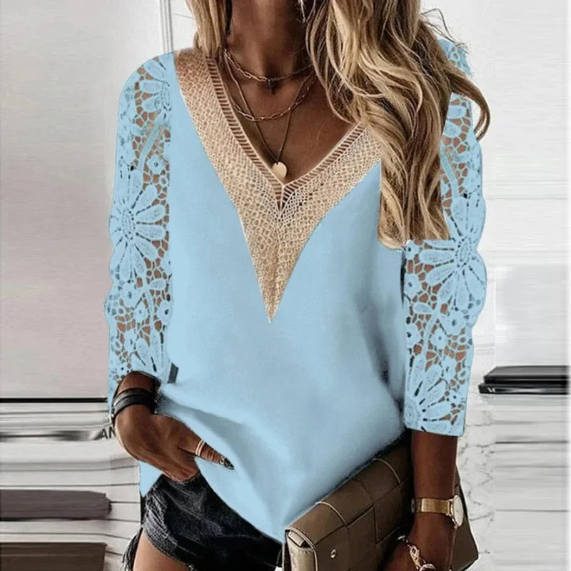 Women Tops Elegant Long Sleeve Blouse Spring V-neck Stitching Hollow Out Lace Chiffon Shirt Casual Loose Clothes Blusas 25948