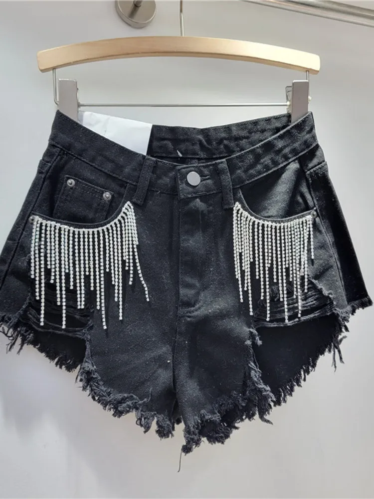 

Y2K Fashion Tassel Studded Diamond Chains Denim Shorts Streetwear Loose Hole Wide Leg Pants Women 2024 Spring Autumn X753