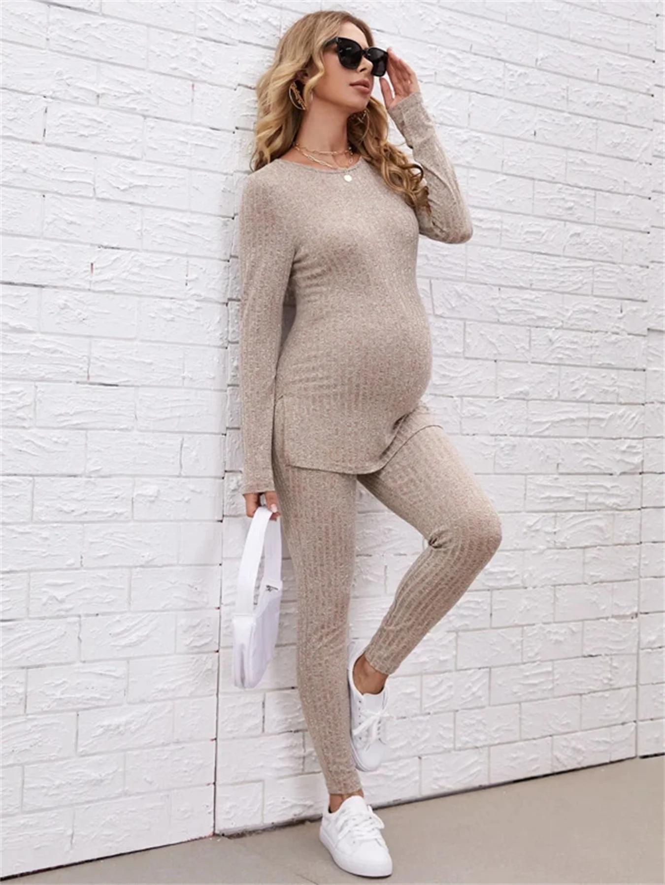 Women Maternity Sets Maternity Split Hem Top & Adjustable Elastic Waist Pants Two piece set Maternity Women's