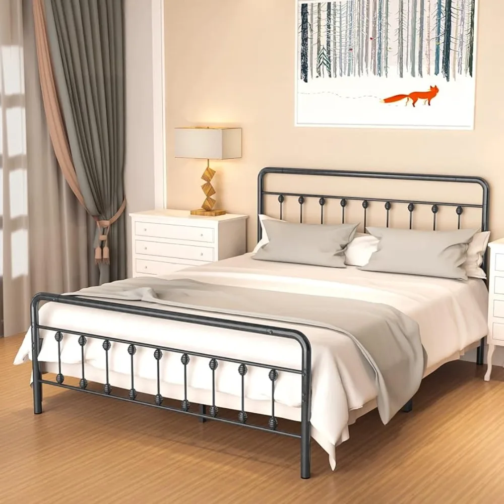 

Metal Bed Frame Queen Size with Vintage Headboard and Footboard, Premium Stable Steel Slat Support Mattress Foundation