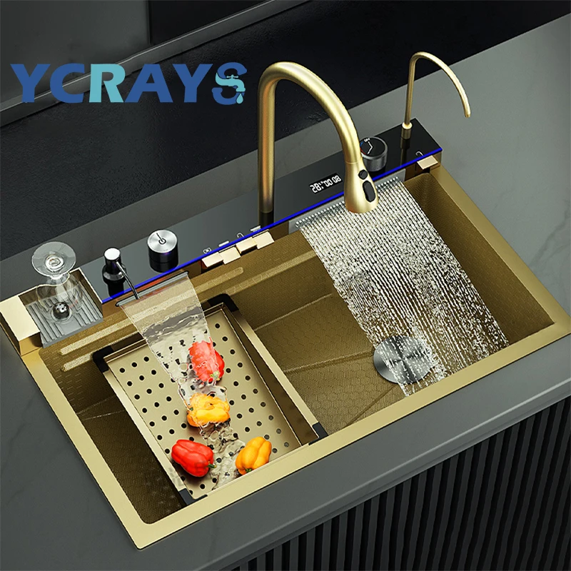 YCRAYS White Nano Kitchen Sink Large Single Slot Waterfall Integrated Digital Display Faucet Soap Dispenser Cup Washer Pure Tap,kitchen sink,kitchen sink faucet set