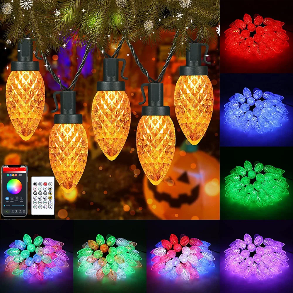 APP Controller Christmas C9 Strawberry Light String 7.5/10m Patio Fairy LED Garland Lights for Wedding Holiday Home Party Decor teamson home outdoor rattan patio lounge chair with pull out ottoman and cushions brown white garden bench patio furniture