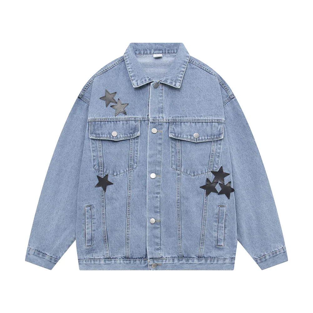 

Y2k Pu Leather Stars Embroidery Washed Baggy Jeans Bomber Jackets Unisex Hip Hop Chaquetas Hombre Casual Denim Coat Oversized